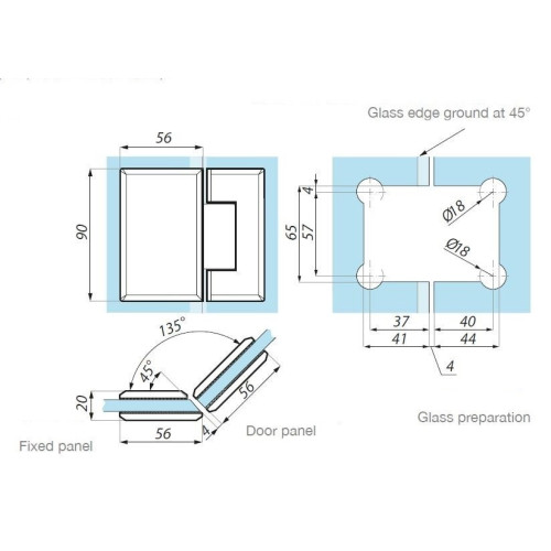 GX990.3PC - Záves pre sklo- sklo 135°