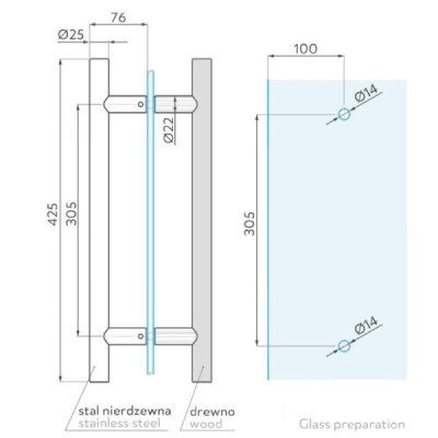 EWH16-15-425LAS - Dreveno - oceľové madlo určené pre sauny